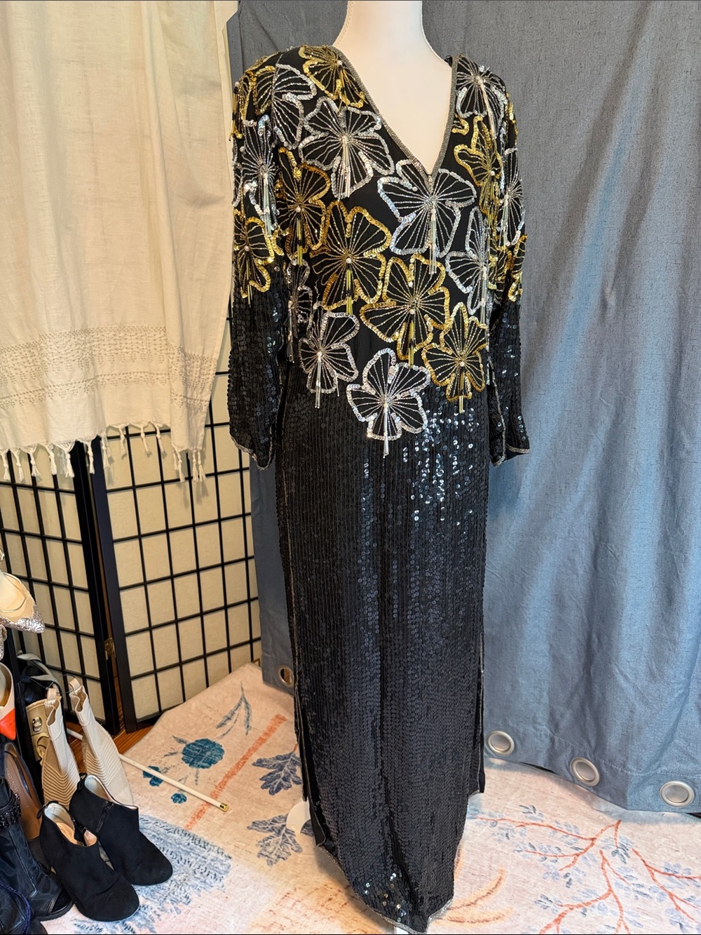 Vintage Black Sequin V-Neck Maxi Dress with Gold & Silver Floral Embroidery